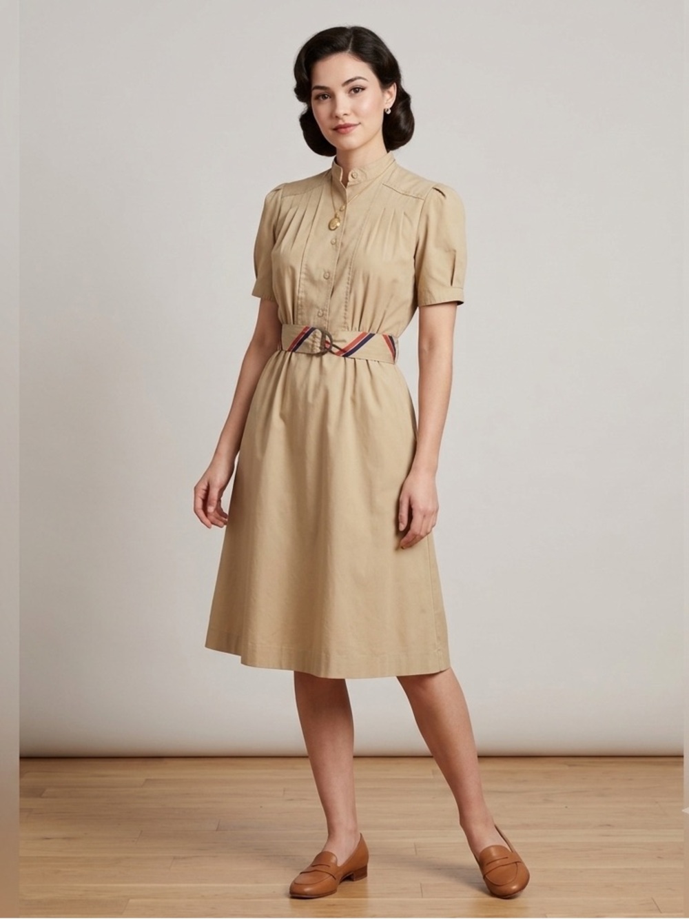 Vintage Early 90’s khaki belted dress, size 7/8, tan short sleeve midi retro 80s